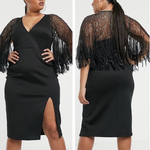 asos design faux feather cape midi pencil dress